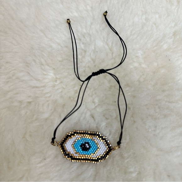 Black Gold Tone Metal Reversible Post Earrings & Evil Eye Adjustable Bracelet - Picture 10 of 11